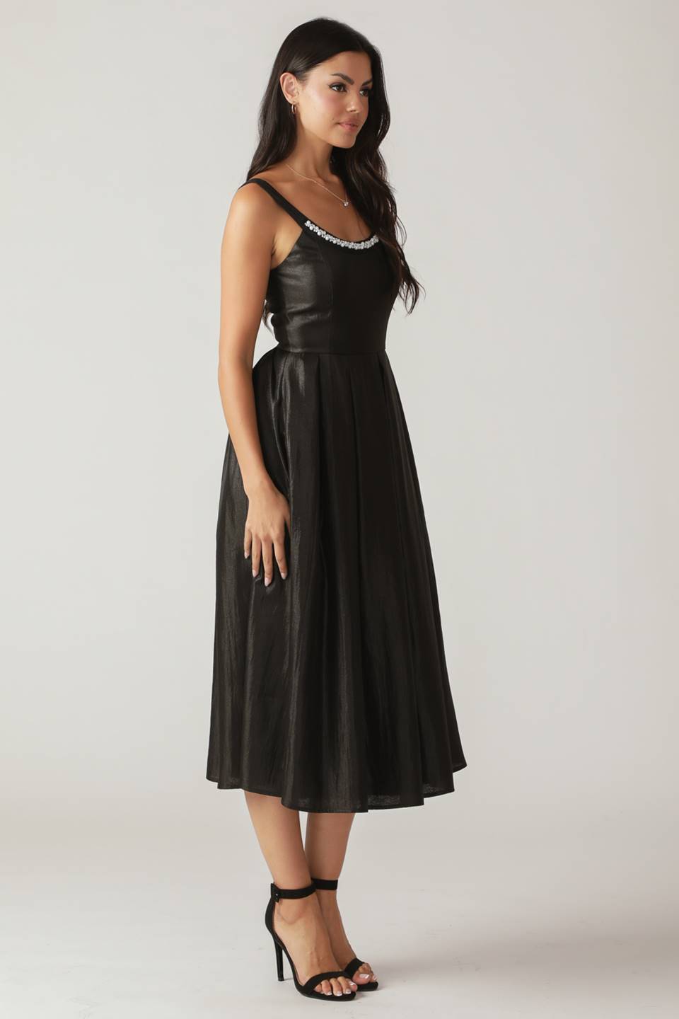 PEARL TRIM BLACK SATIN MIDI DRESS - FINAL SALE