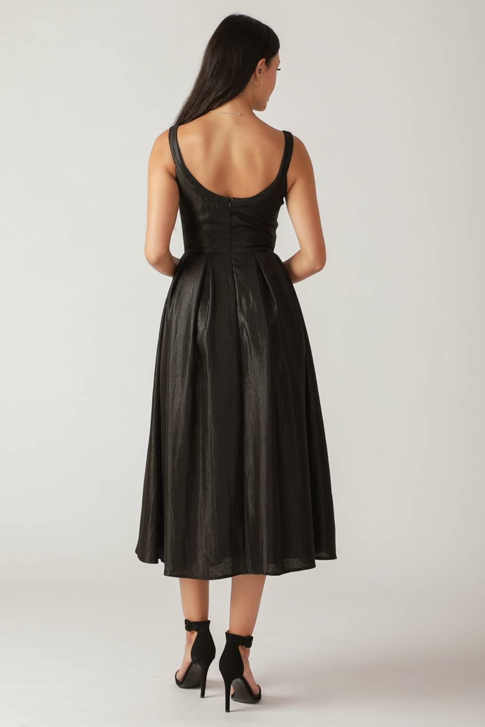 PEARL TRIM BLACK SATIN MIDI DRESS - FINAL SALE