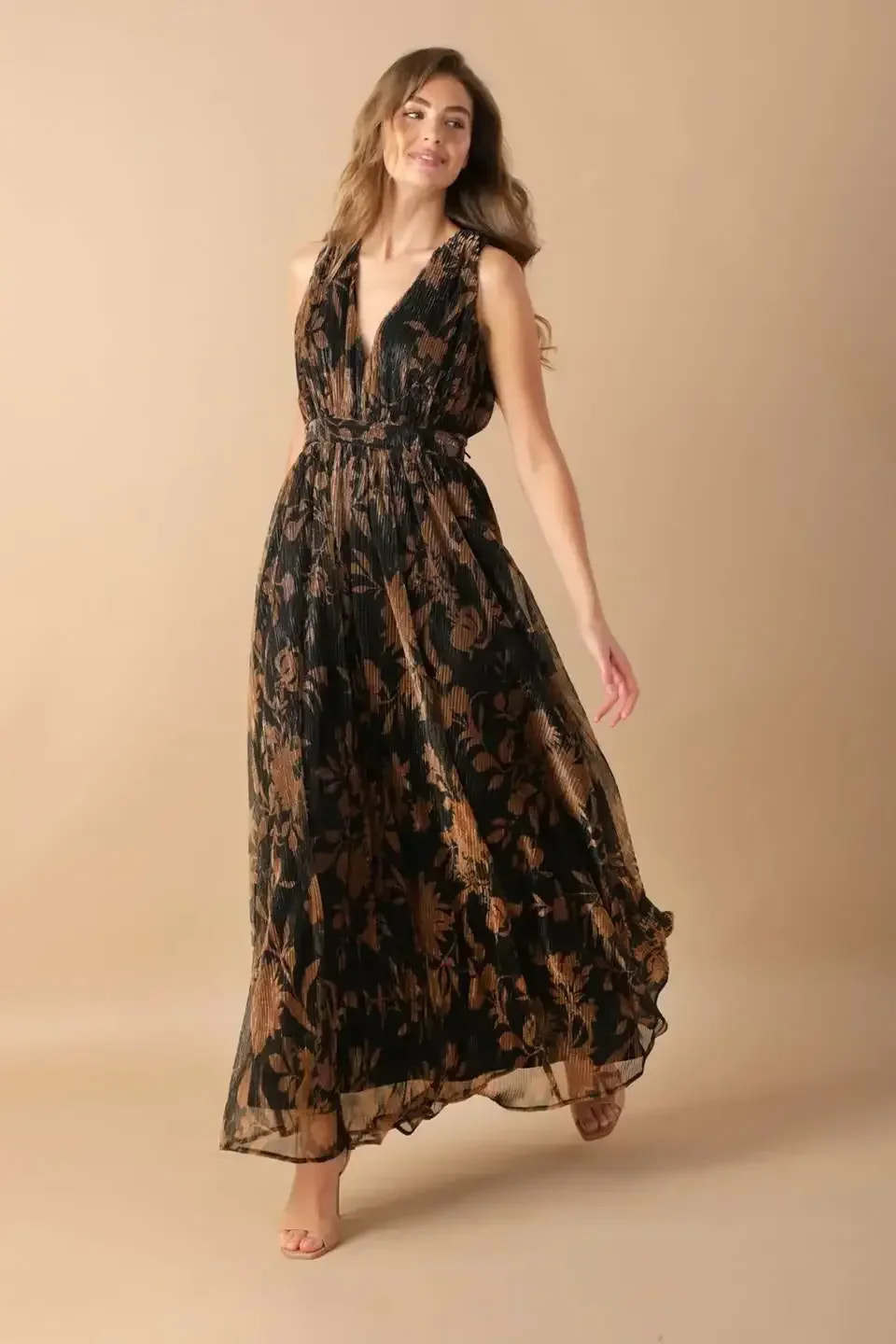 EVERYDAY HUSTLE METALLIC MICRO PLEAT BROWN MAXI DRESS - FINAL SALE