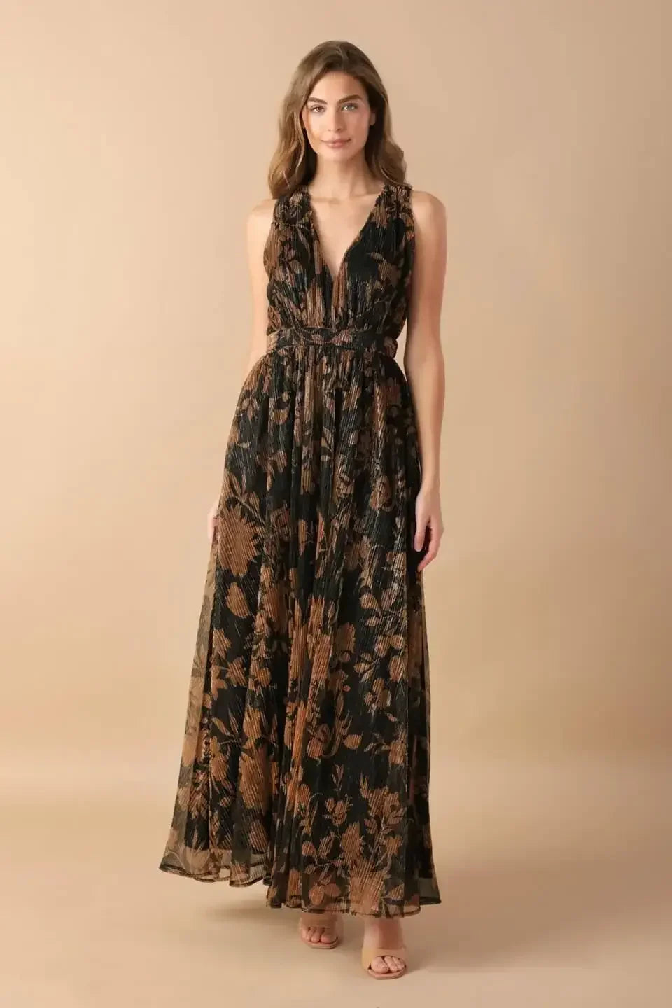 EVERYDAY HUSTLE METALLIC MICRO PLEAT BROWN MAXI DRESS - FINAL SALE