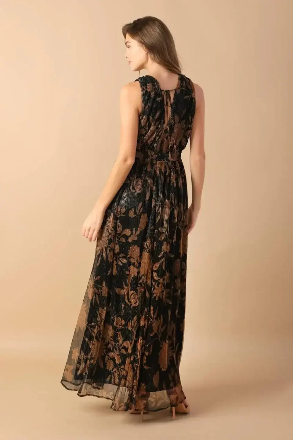 EVERYDAY HUSTLE METALLIC MICRO PLEAT BROWN MAXI DRESS - FINAL SALE