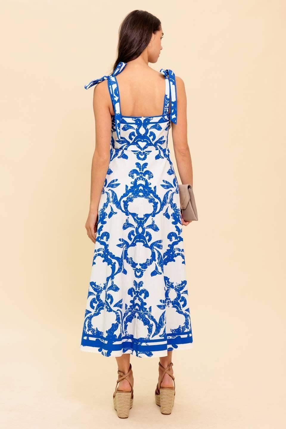 Blue and white floral midi dress with a straight neckline, shoulder straps, and a circle skirt.