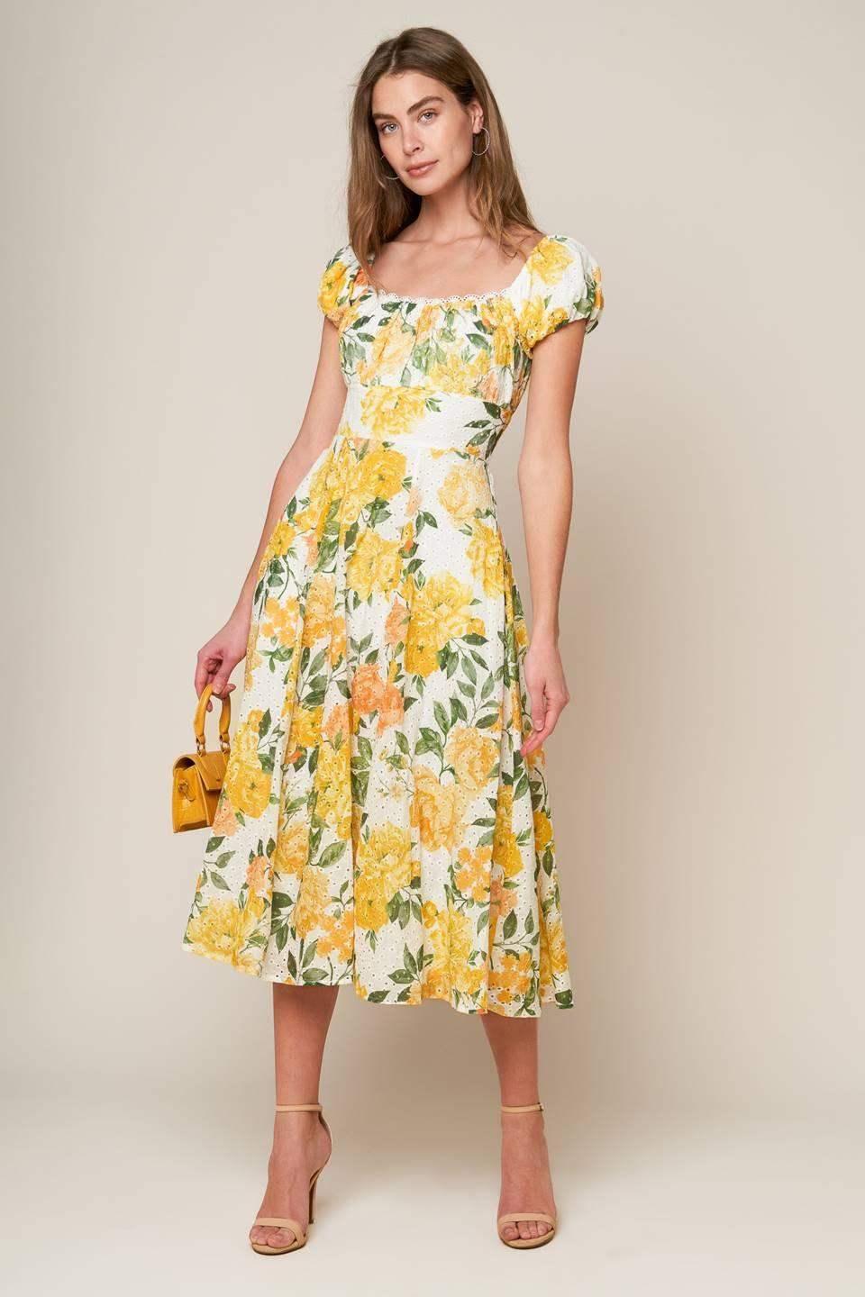 GARDEN OF DREAMS - YELLOW - EYELET MIDI DRESS