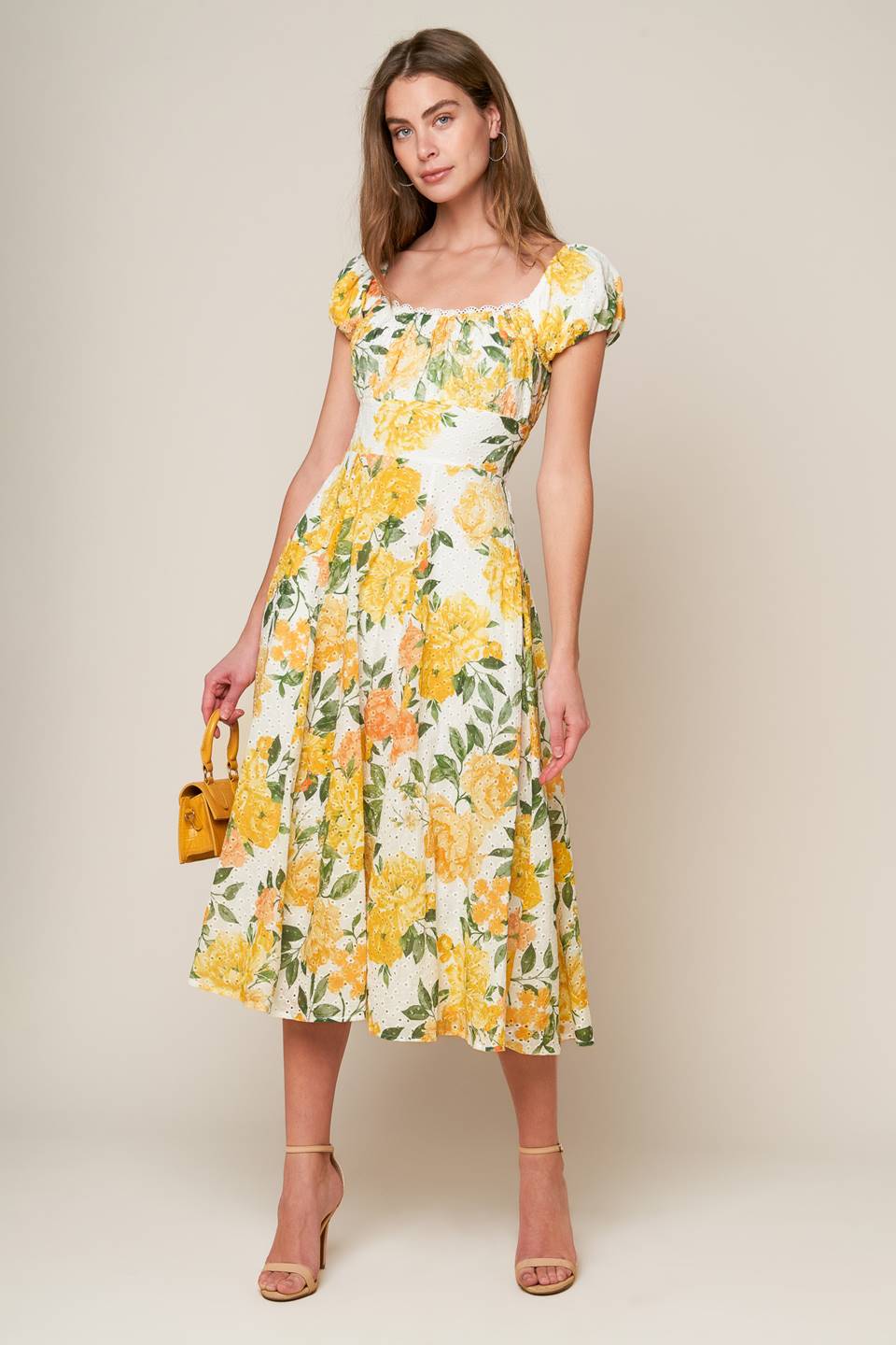 GARDEN OF DREAMS - YELLOW - EYELET MIDI DRESS