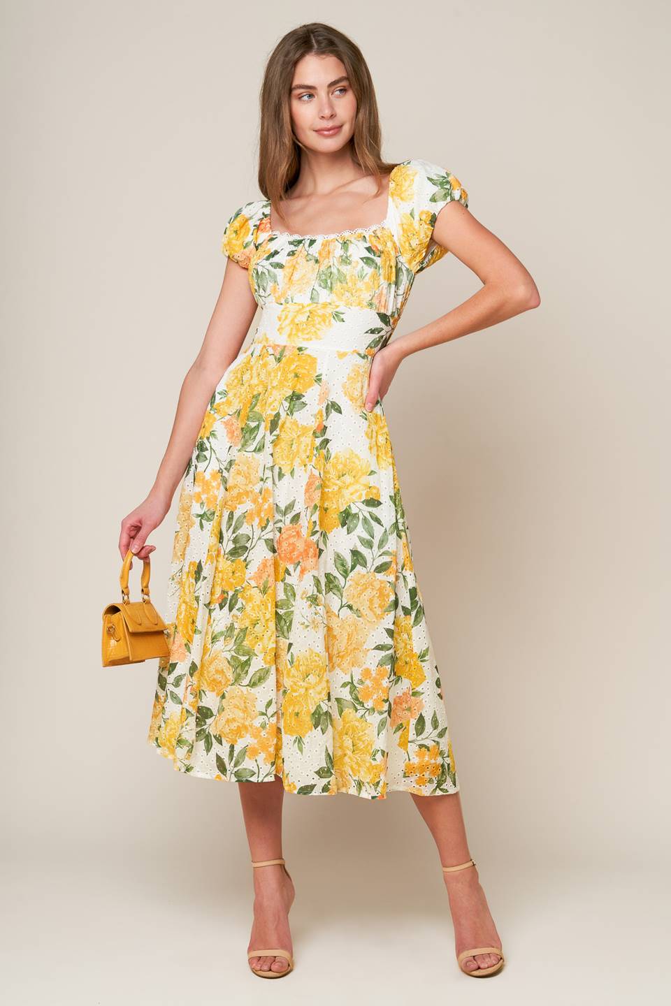 GARDEN OF DREAMS - YELLOW - EYELET MIDI DRESS