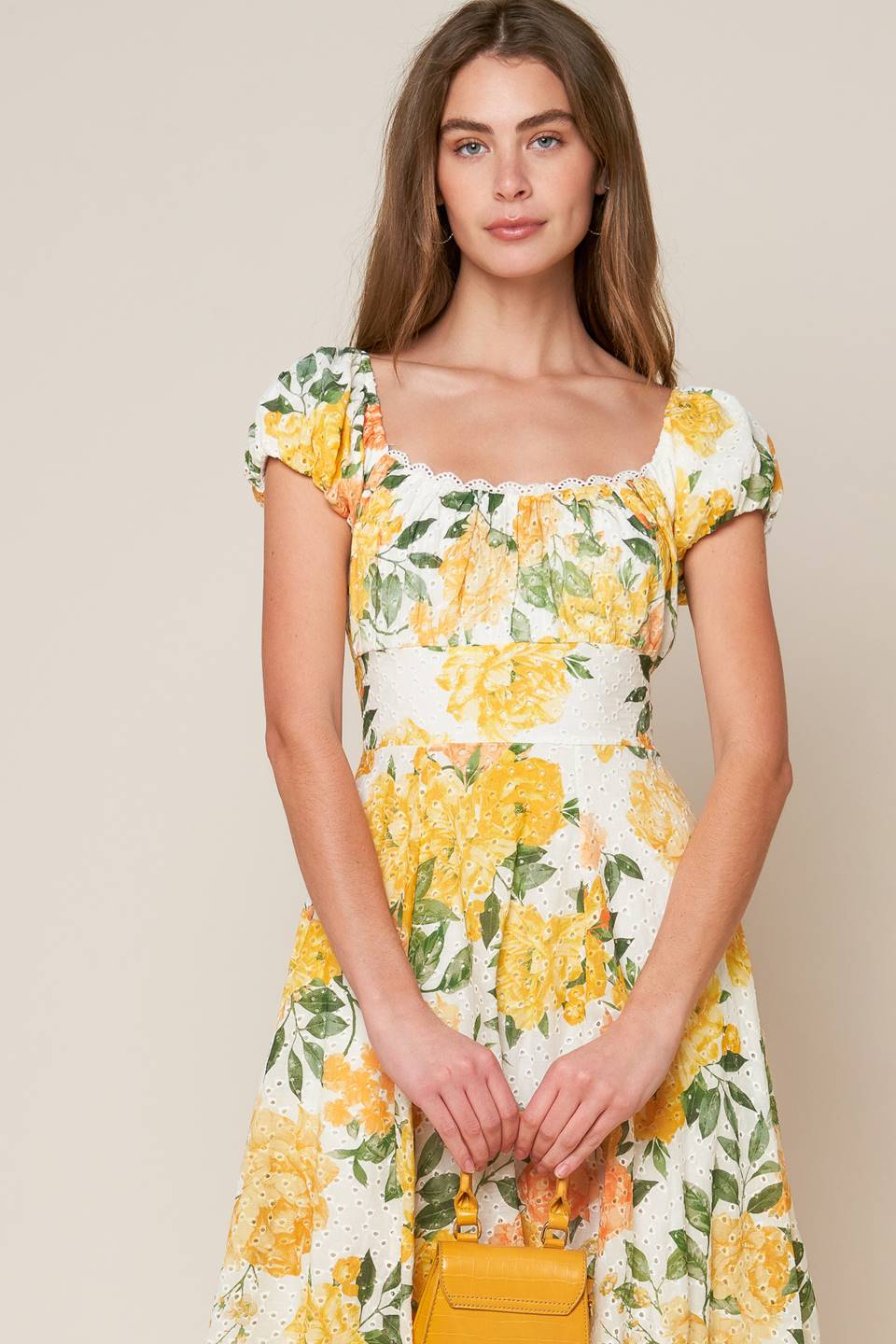 GARDEN OF DREAMS - YELLOW - EYELET MIDI DRESS