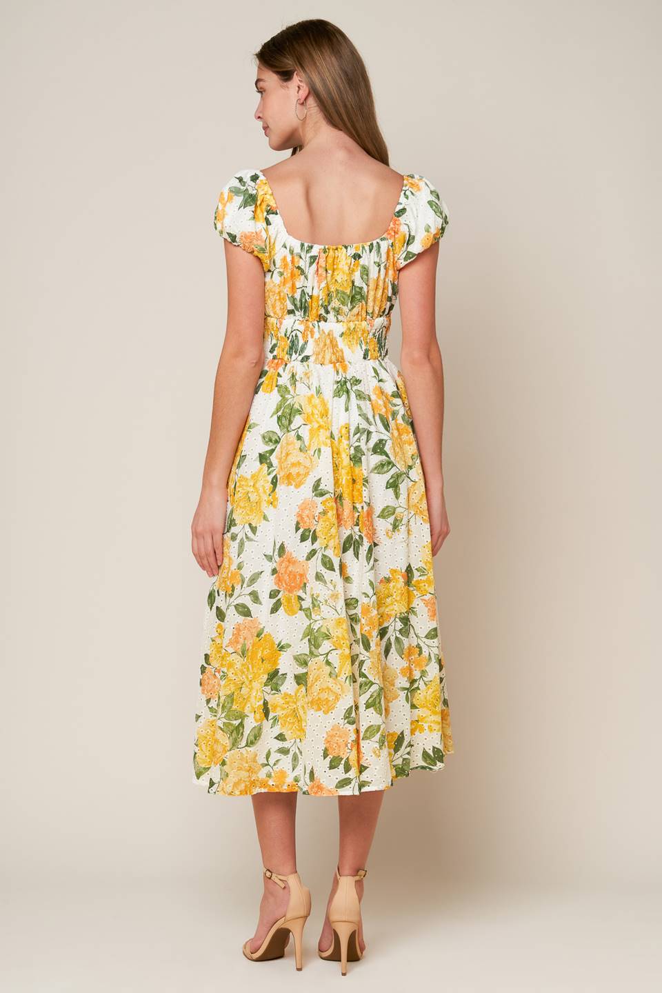 GARDEN OF DREAMS - YELLOW - EYELET MIDI DRESS