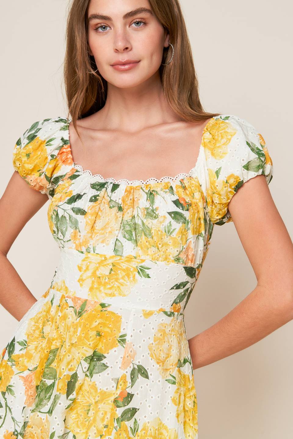 GARDEN OF DREAMS - YELLOW - EYELET MIDI DRESS