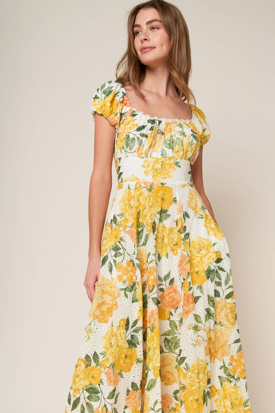 GARDEN OF DREAMS - YELLOW - EYELET MIDI DRESS