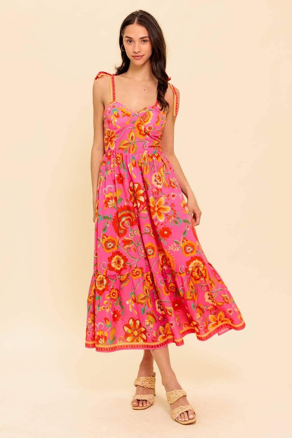 GARDEN GATHERING BUSTIER MIDI DRESS - PINK MULTI