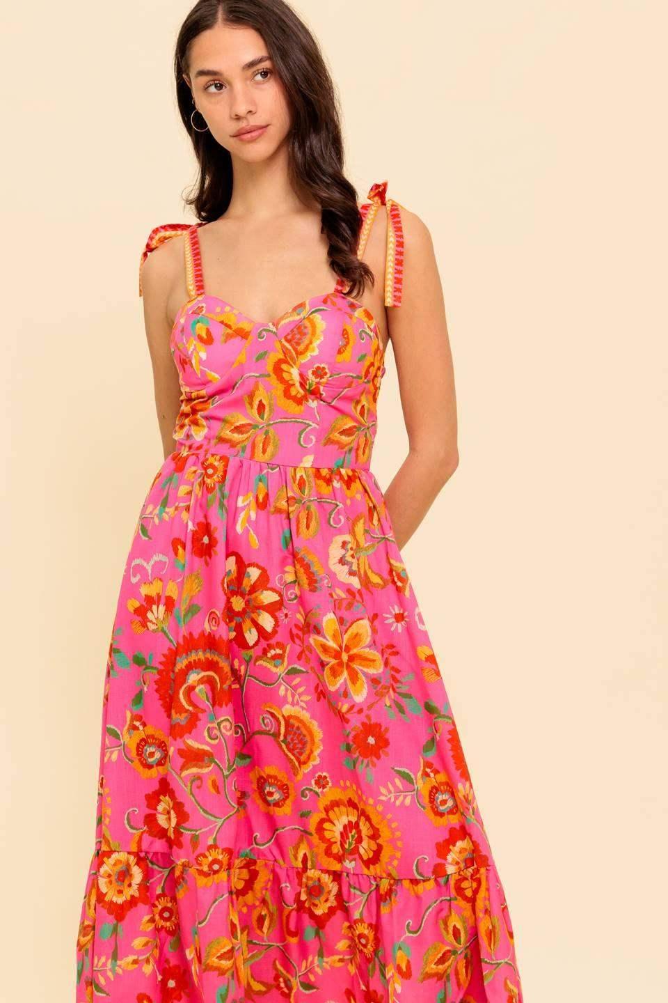 GARDEN GATHERING BUSTIER MIDI DRESS - PINK MULTI