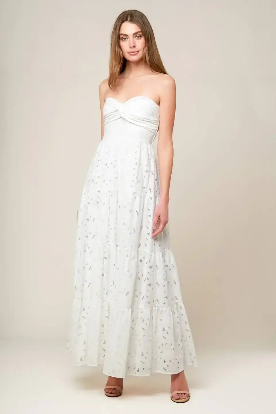 WISHING WELL - STRAPLESS WHITE LACE MAXI DRESS