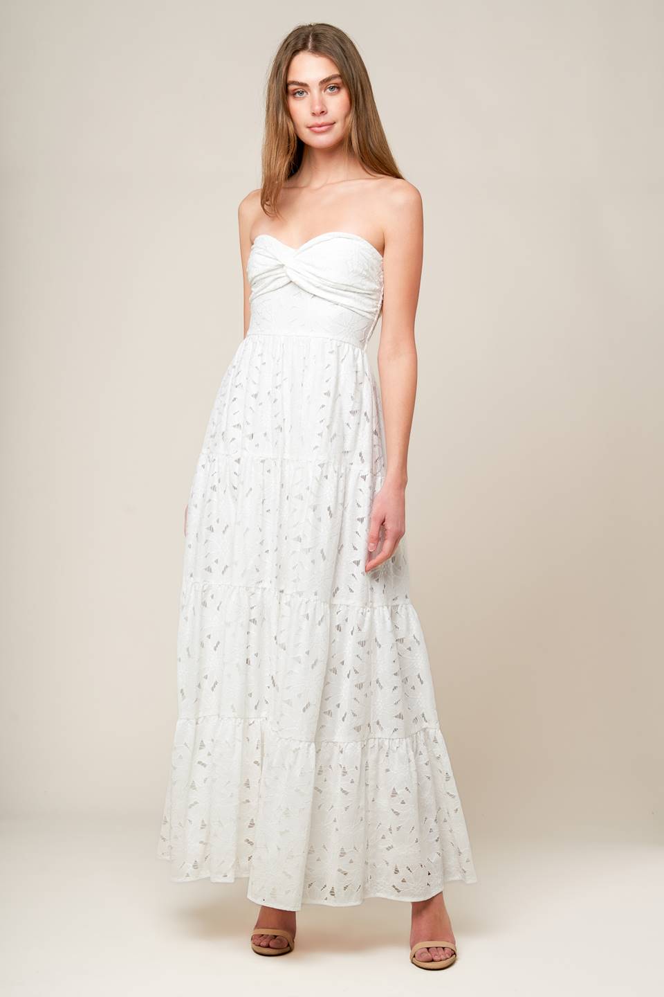 WISHING WELL - STRAPLESS WHITE LACE MAXI DRESS