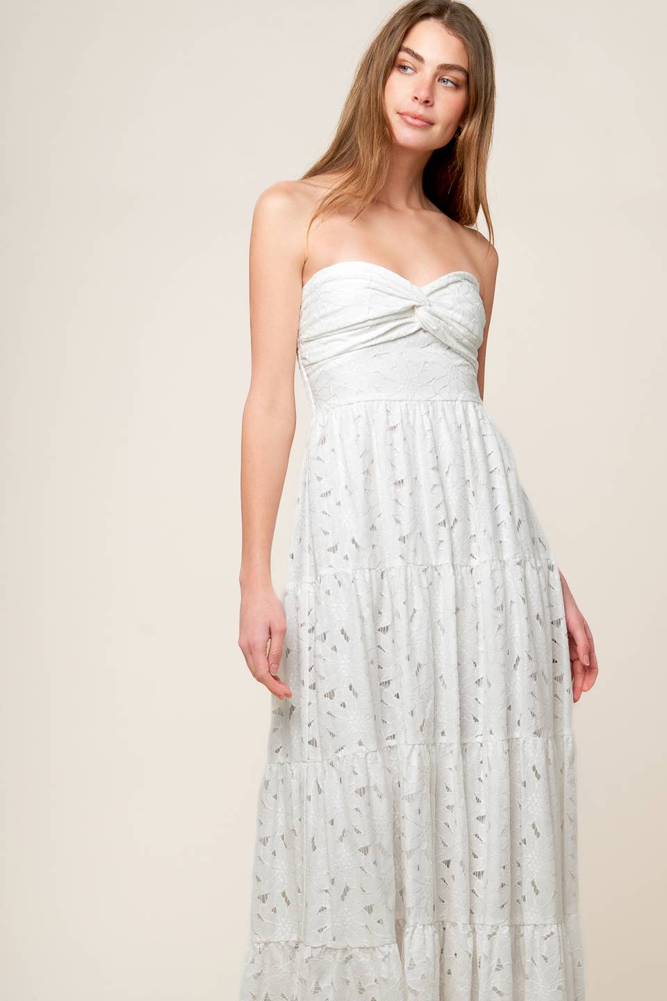 WISHING WELL - STRAPLESS WHITE LACE MAXI DRESS