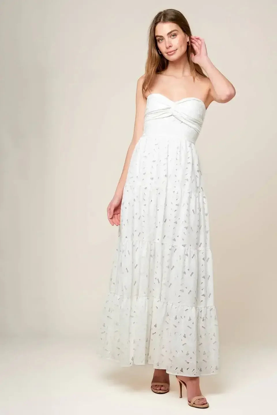 WISHING WELL - STRAPLESS WHITE LACE MAXI DRESS