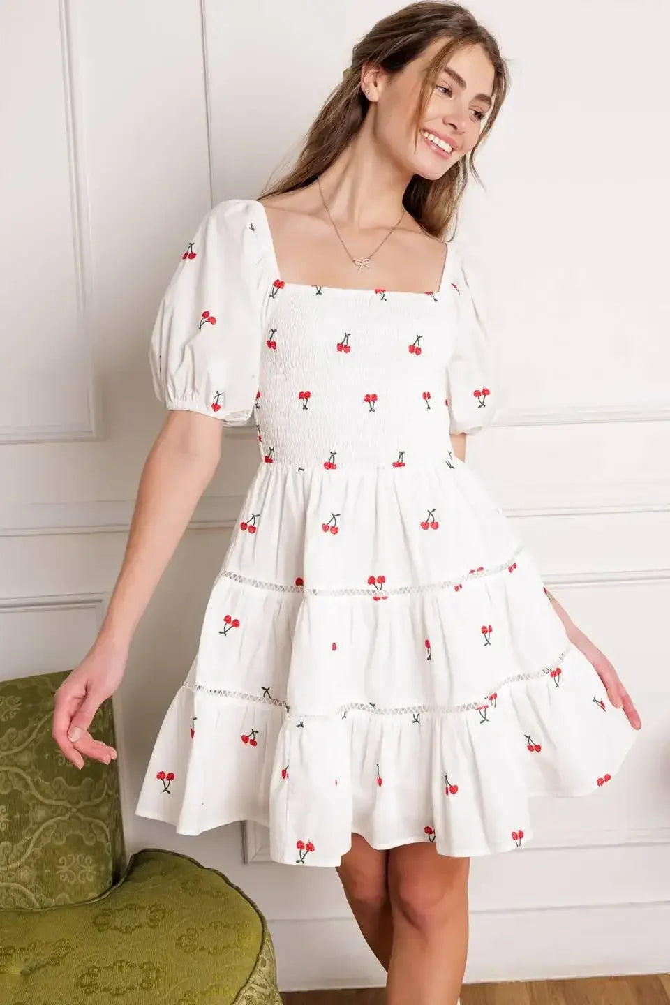 SUMMER DAYDREAMS CHERRY EMBROIDERED MINI DRESS