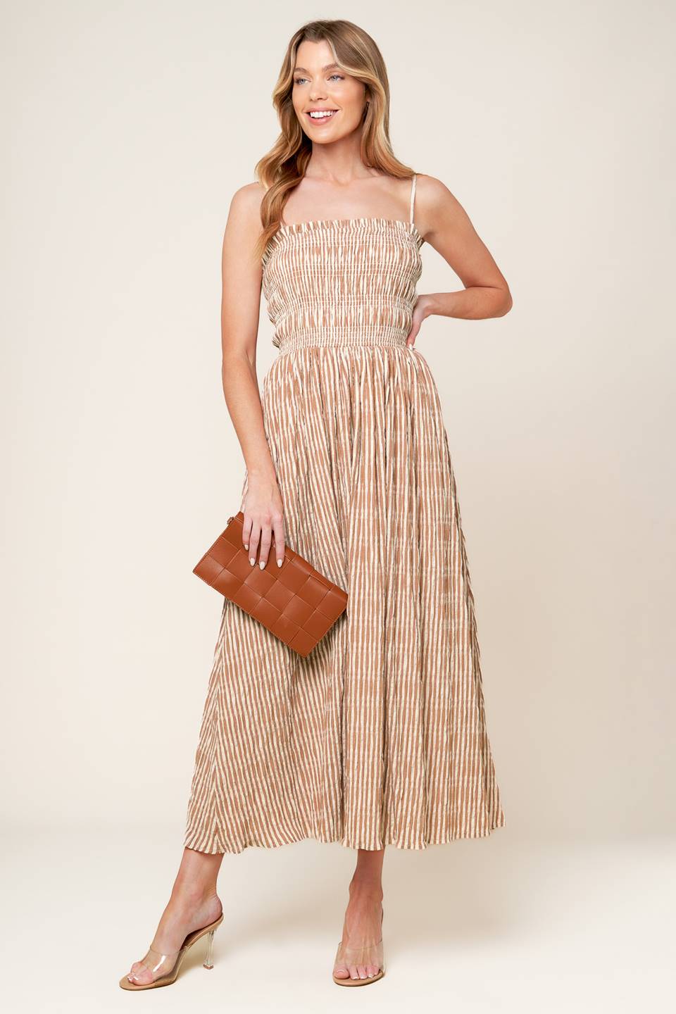 VALHALLA BROWN STRIPED MIDI DRESS