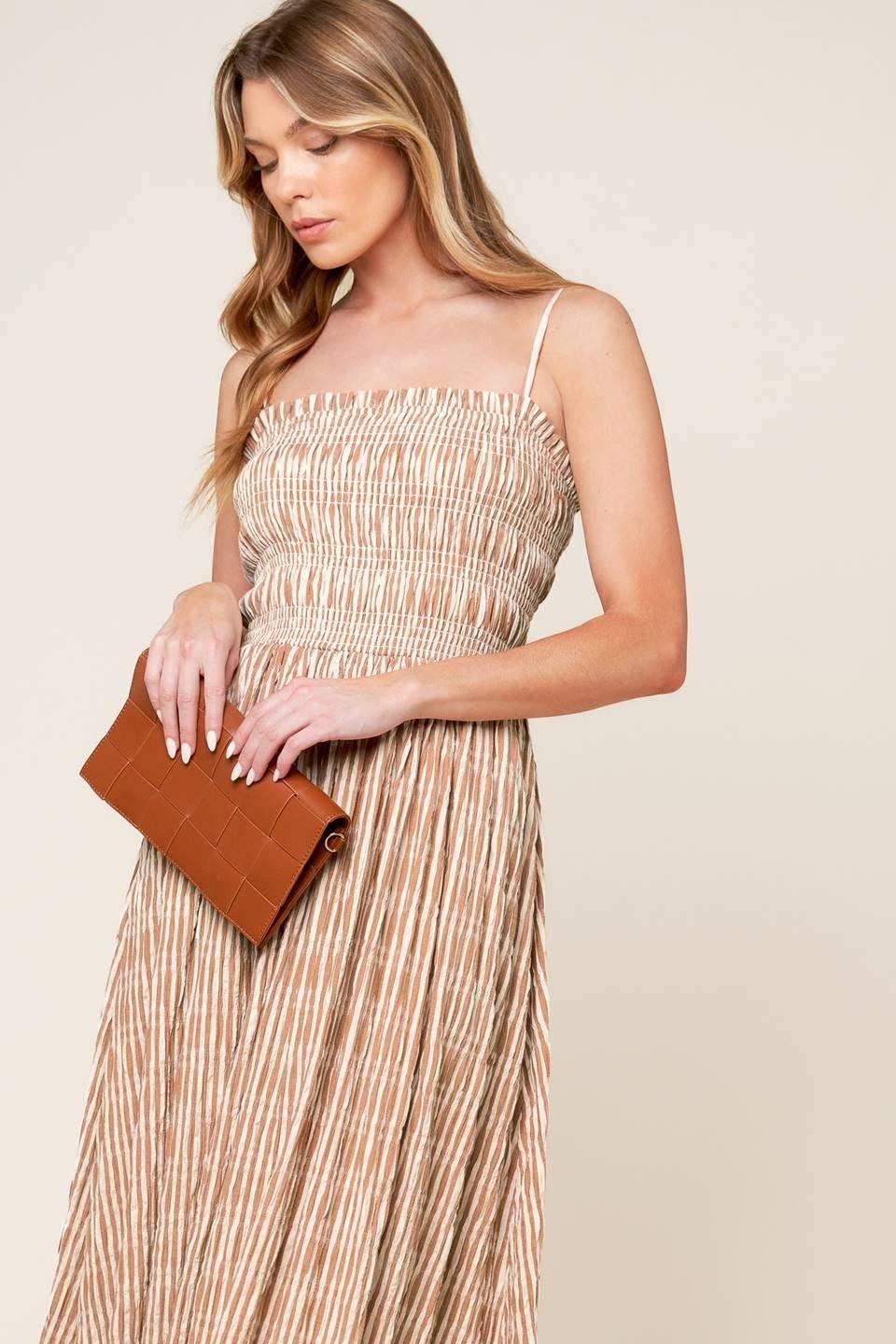 VALHALLA BROWN STRIPED MIDI DRESS