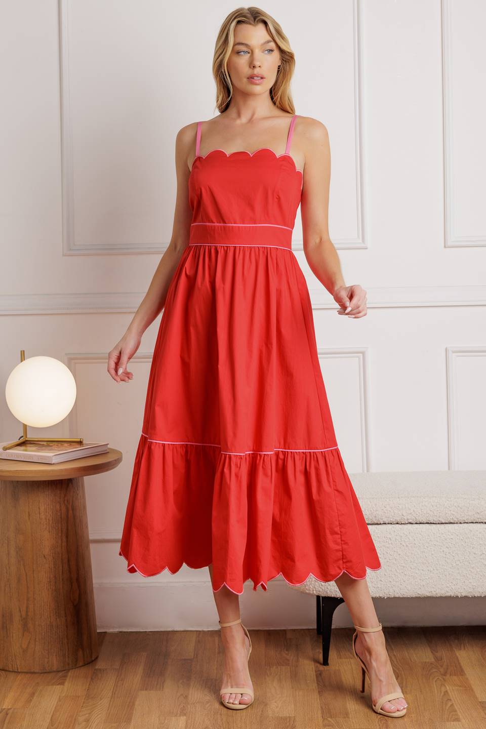 Lady Black Tie - Sweet Dreams - Red & Pink - Scalloped Edge Midi Dress - Size S Lady Black Tie - Sweet Dreams - Red & Pink - Scalloped Edge Midi Dress - Size S