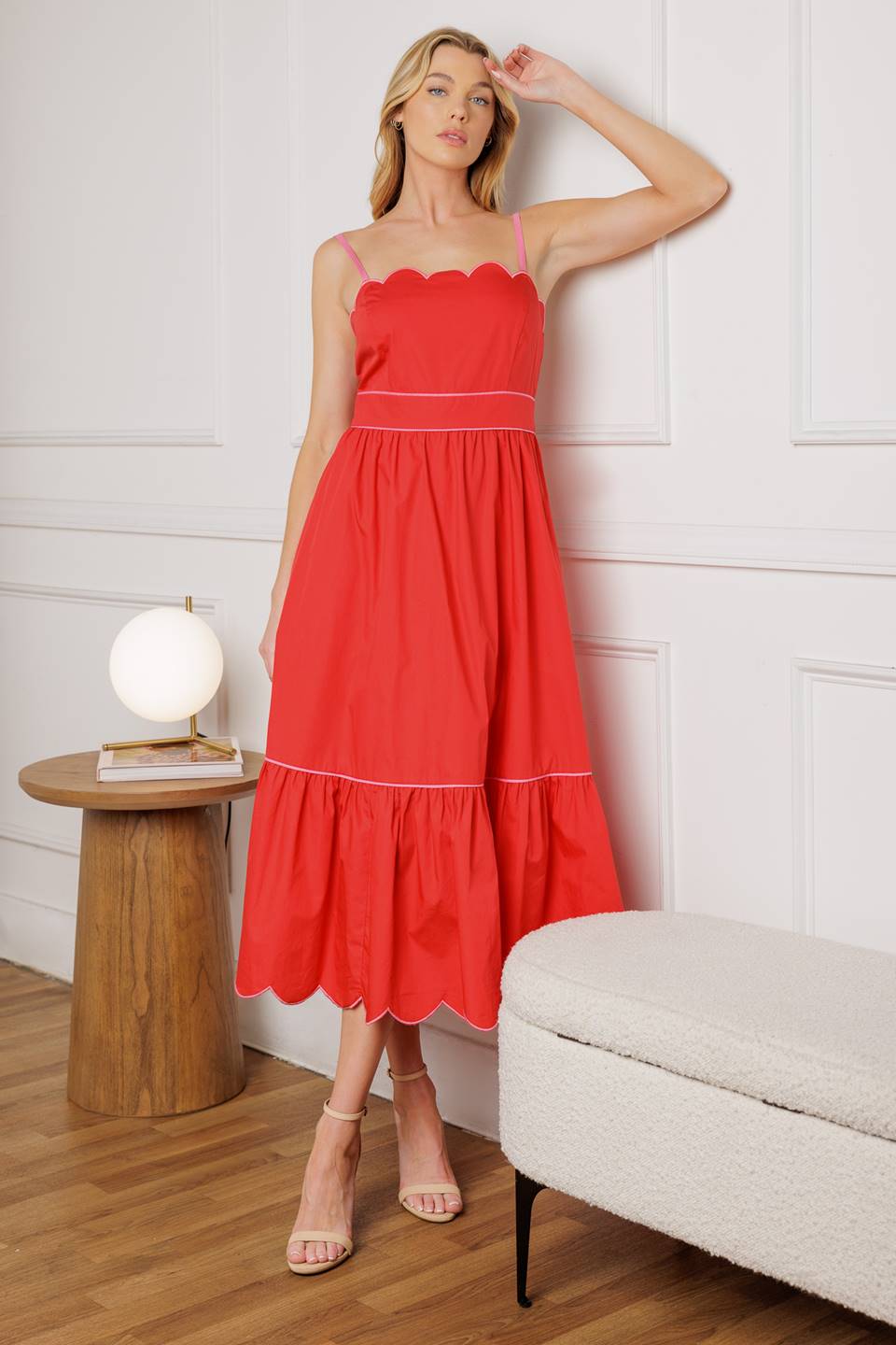 SWEET DREAMS - RED & PINK - SCALLOPED EDGE MIDI DRESS