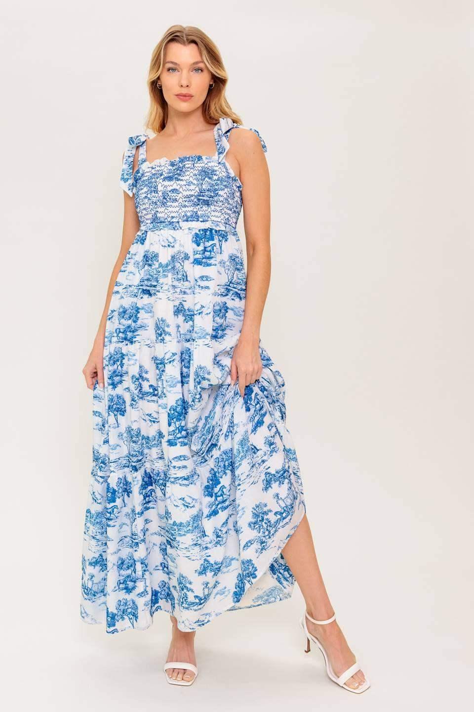 WHEN IN ROME MIDI DRESS - BLUE & WHITE TOILE