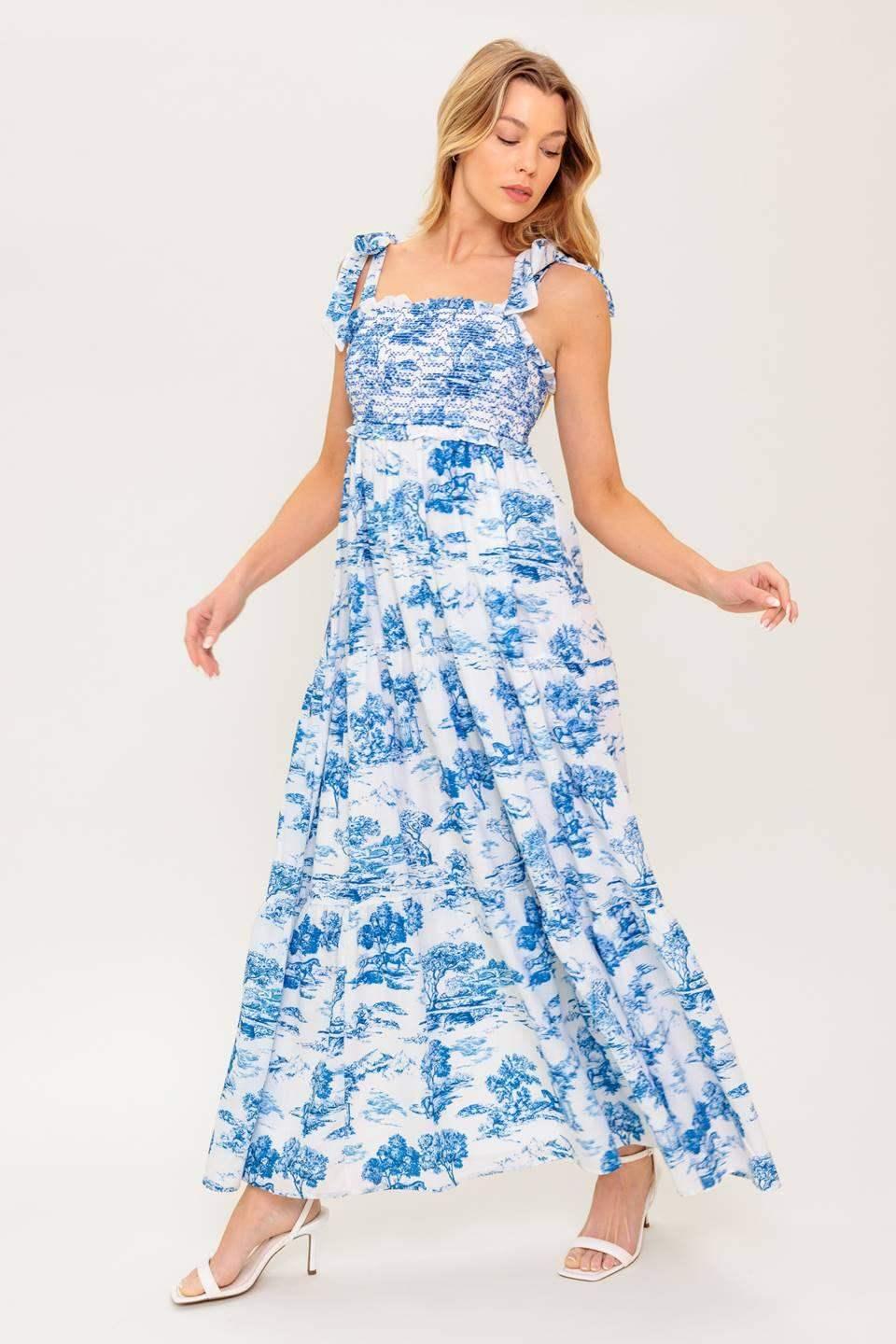 WHEN IN ROME MIDI DRESS - BLUE & WHITE TOILE
