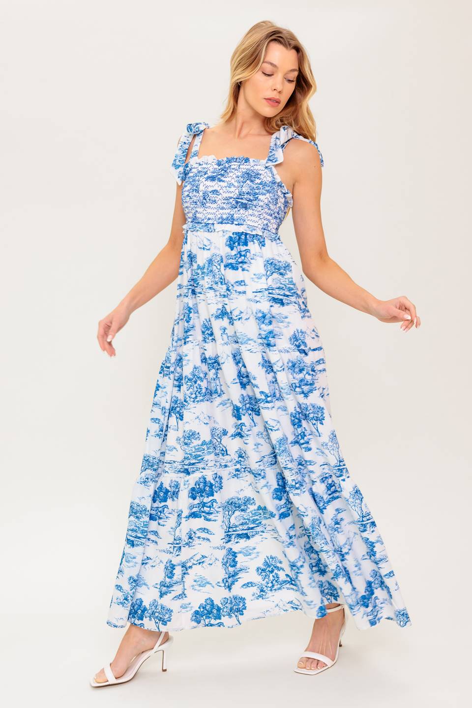 WHEN IN ROME MIDI DRESS - BLUE & WHITE TOILE