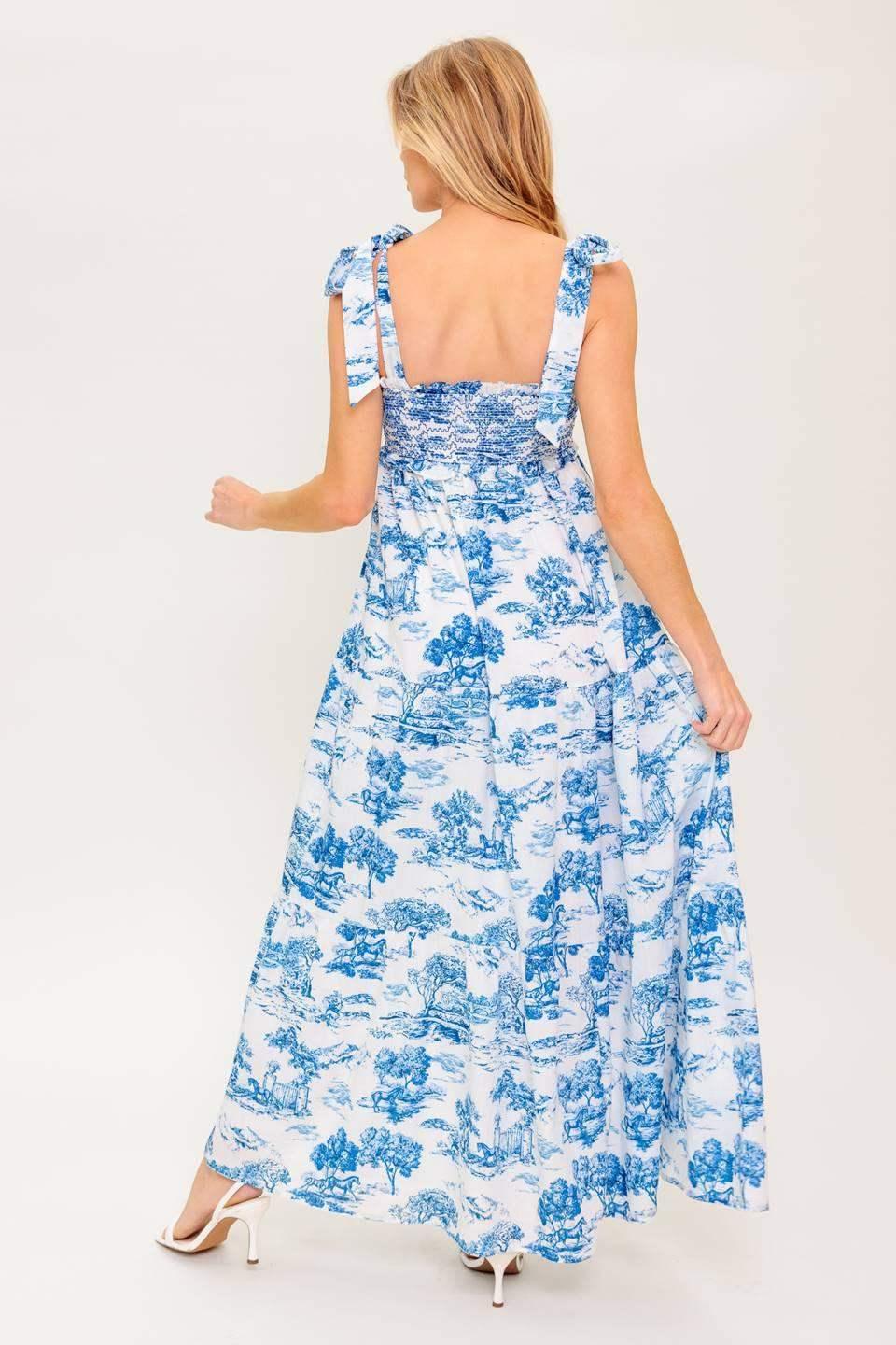 WHEN IN ROME MIDI DRESS - BLUE & WHITE TOILE