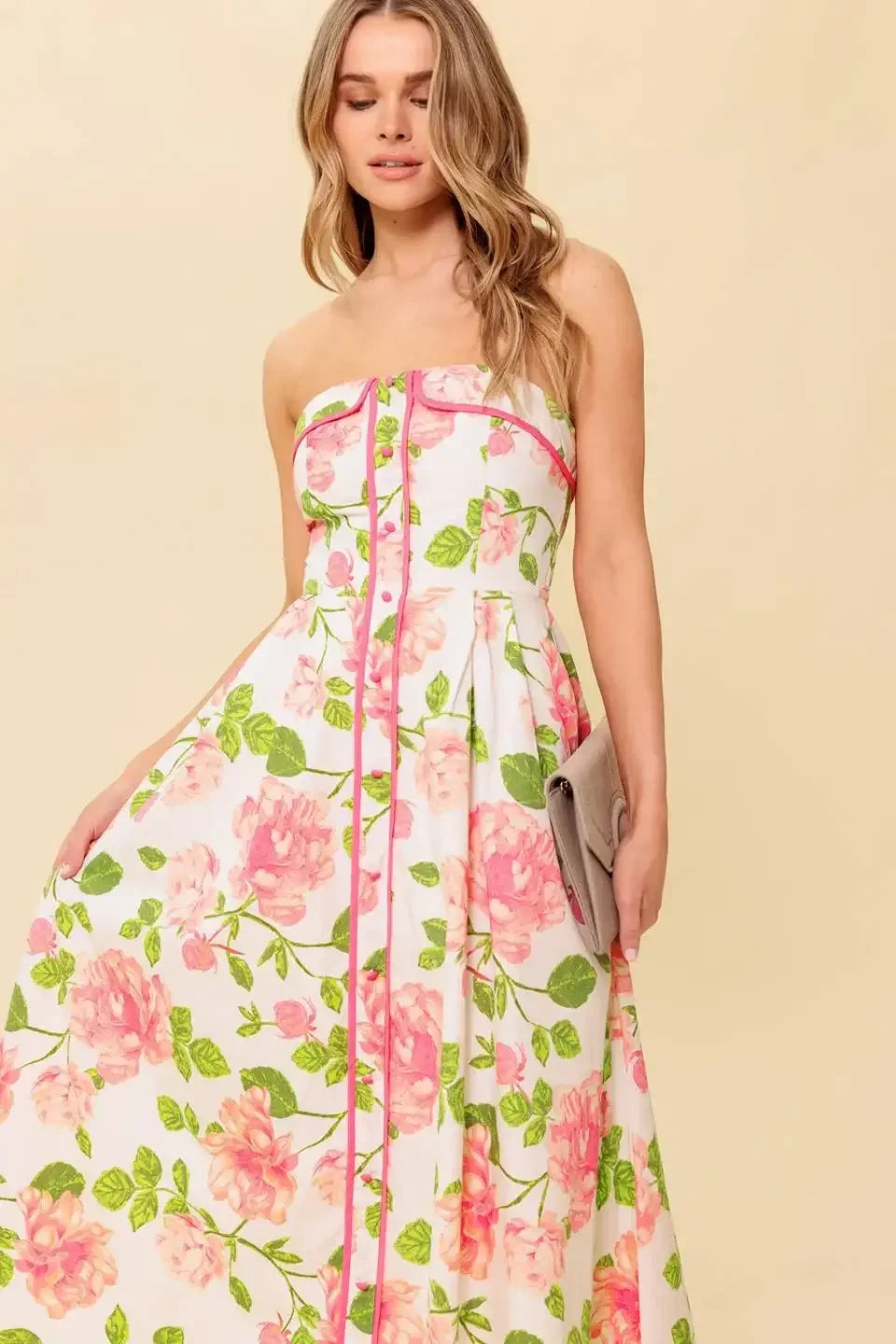 SUNDAY AFTERNOON - PINK FLORAL STRAPLESS MIDI DRESS