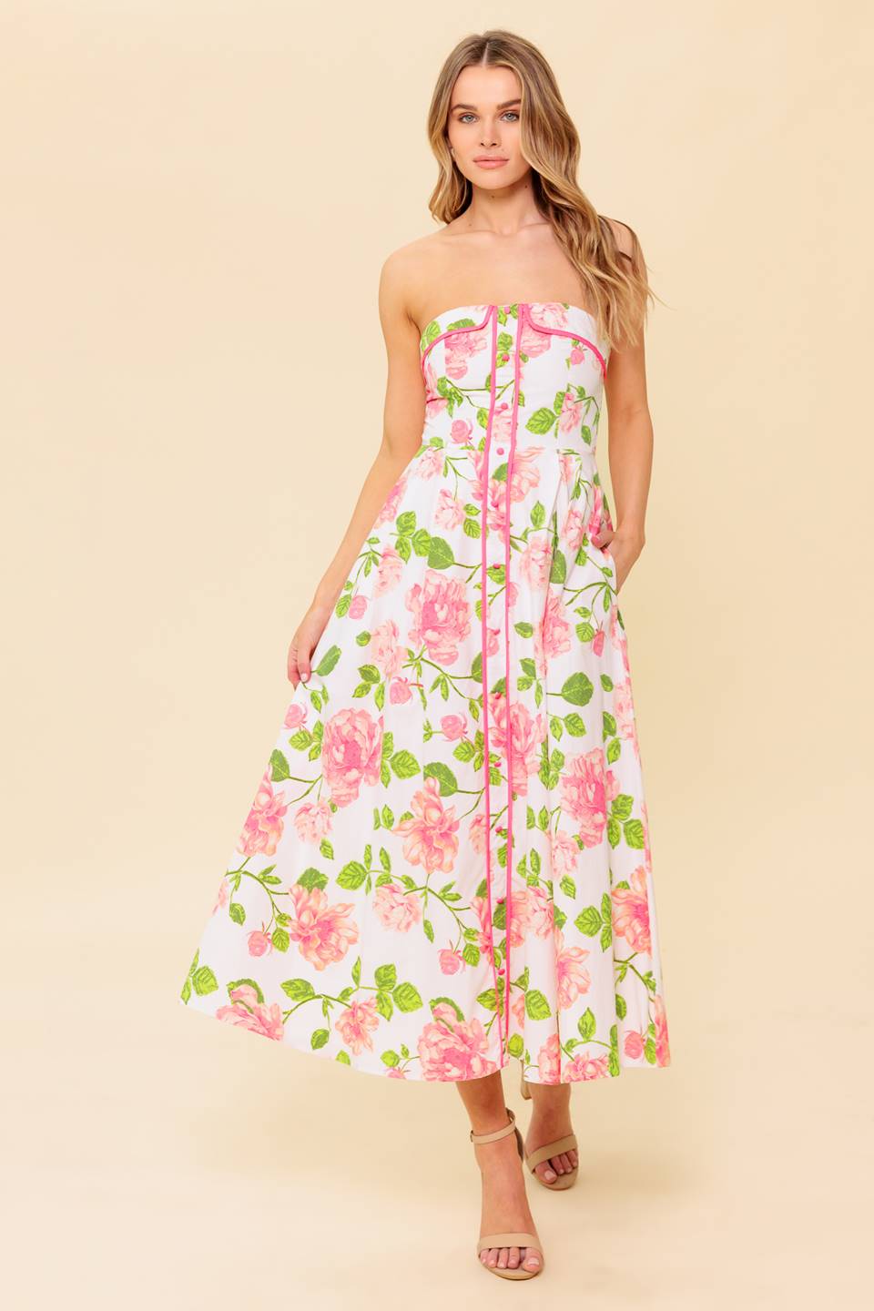 SUNDAY AFTERNOON - PINK FLORAL STRAPLESS MIDI DRESS