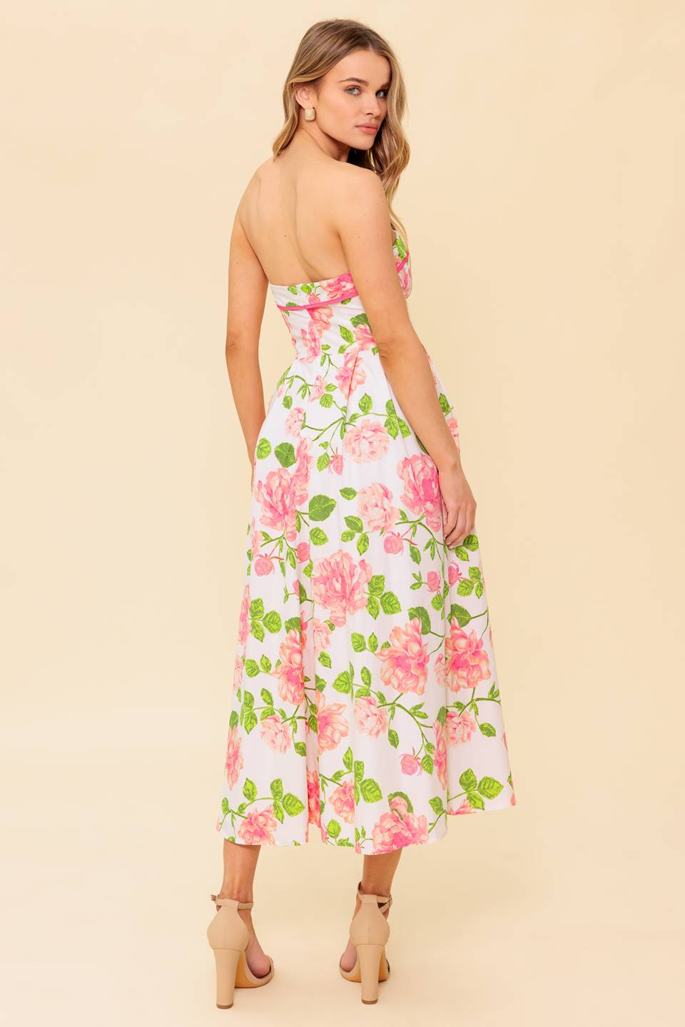 SUNDAY AFTERNOON - PINK FLORAL STRAPLESS MIDI DRESS