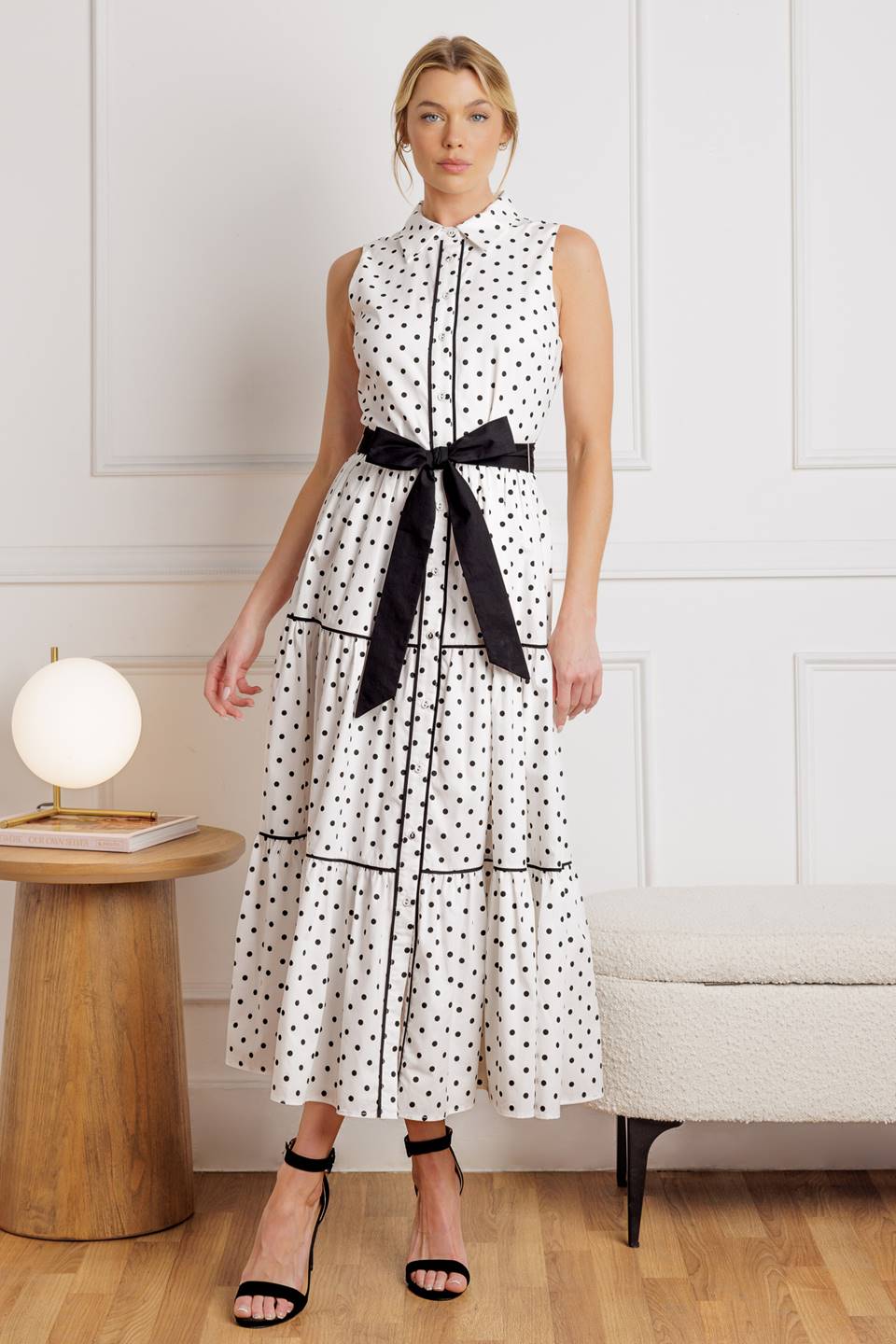 WHITE & BLACK RETRO DOTS MIDI DRESS | LADY BLACK TIE WHITE & BLACK RETRO DOTS MIDI DRESS | LADY BLACK TIE