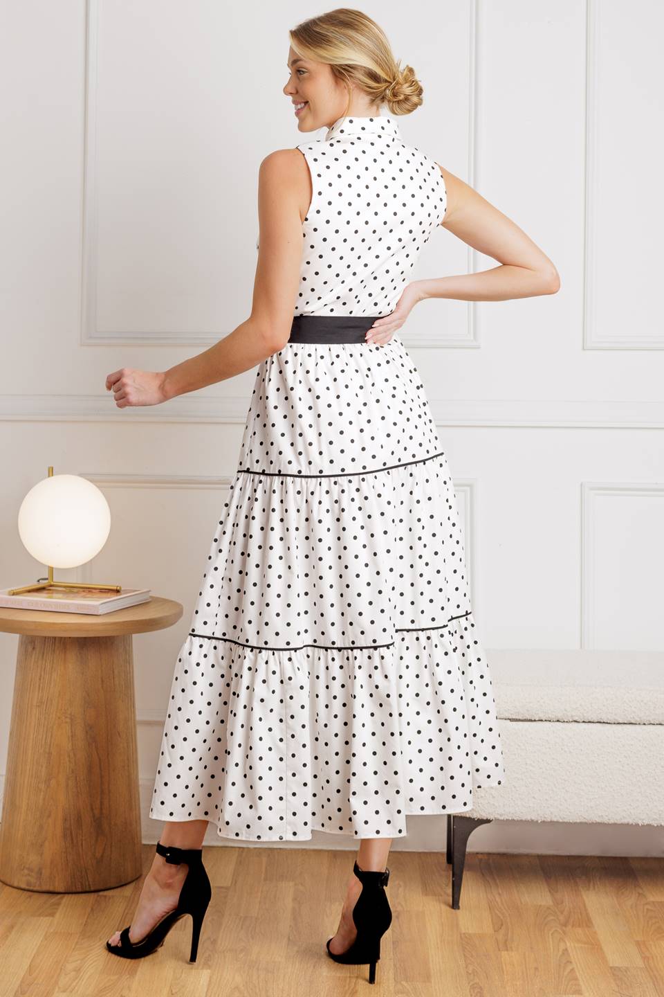 RETRO DOTS - WHITE & BLACK POLKA DOT MIDI DRESS