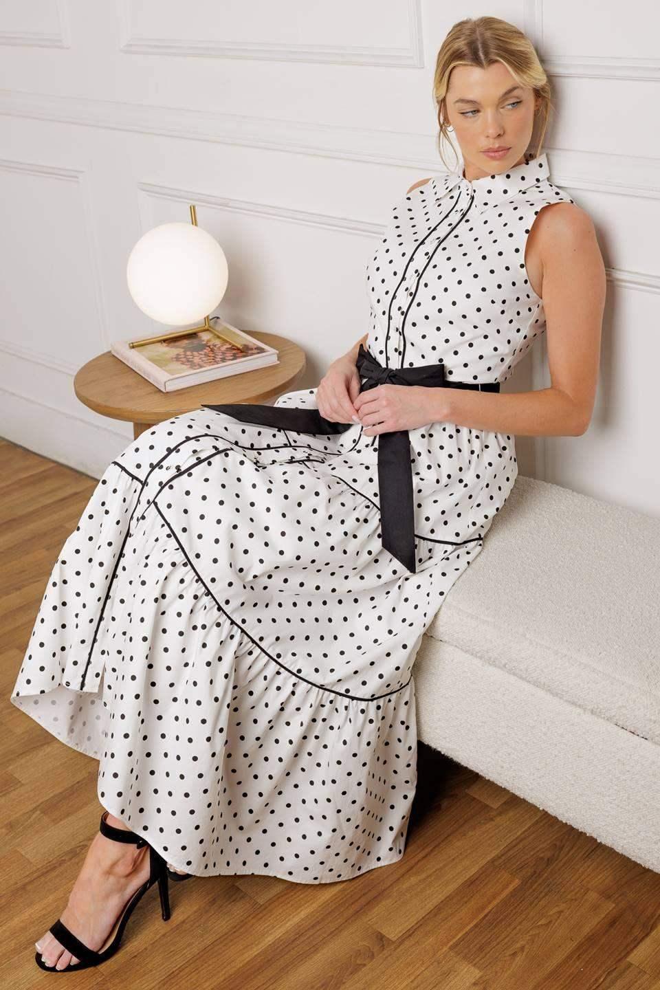 RETRO DOTS - WHITE & BLACK POLKA DOT MIDI DRESS