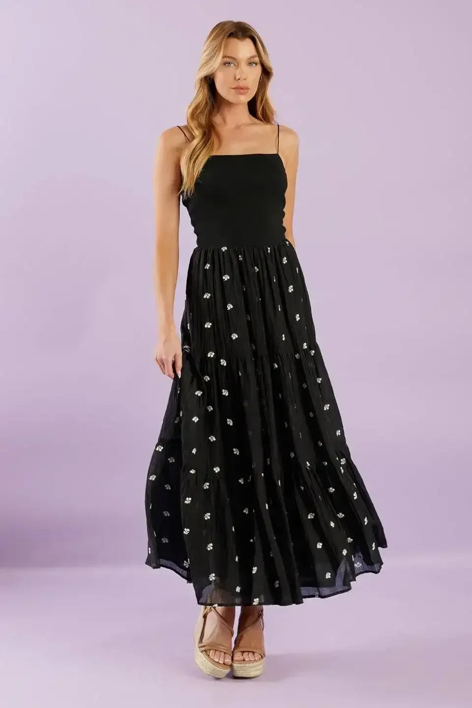 FADE INTO YOU EMBROIDERED MIDI DRESS - BLACK