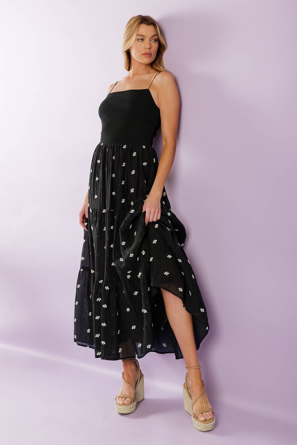 FADE INTO YOU EMBROIDERED MIDI DRESS - BLACK