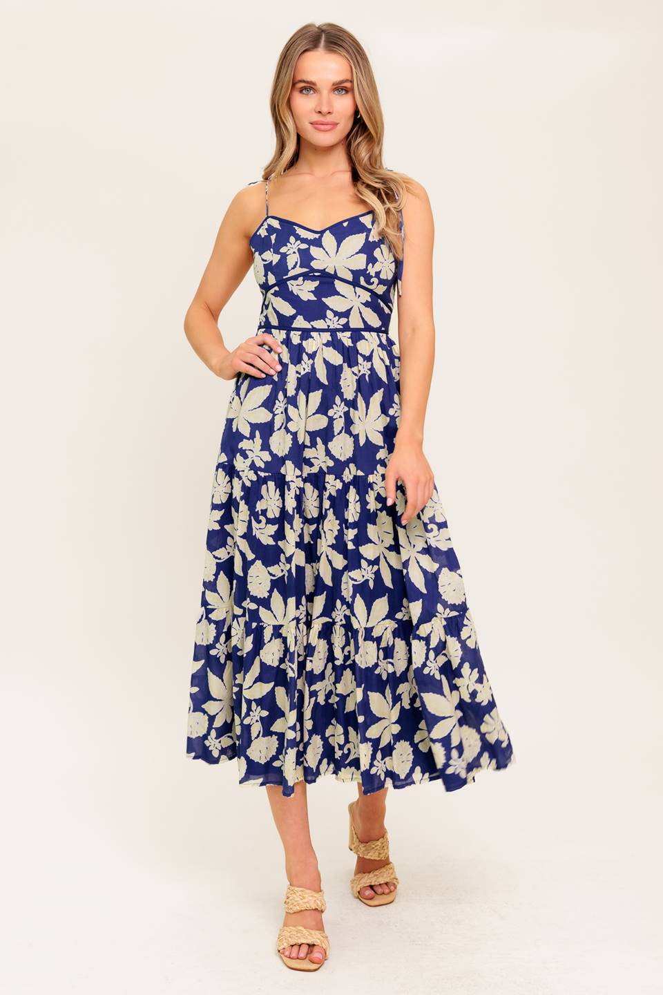 Blue floral midi dress with a sweetheart neckline, shoulder tie, waist yoke, tiered skirt, and back zipper closure.