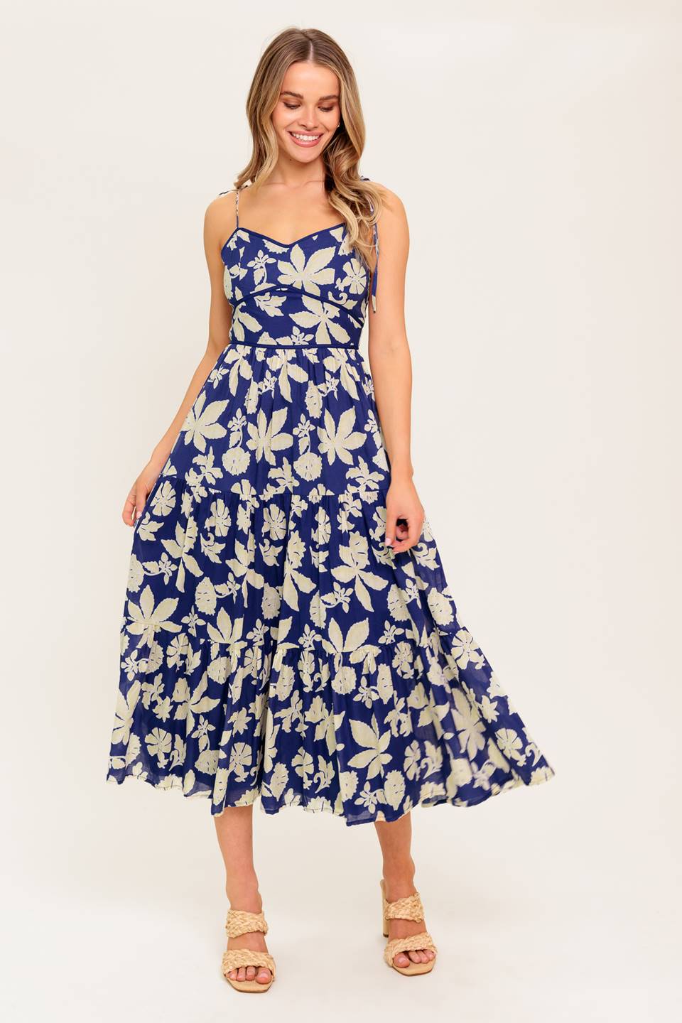 Blue floral midi dress with a sweetheart neckline, shoulder tie, waist yoke, tiered skirt, and back zipper closure.