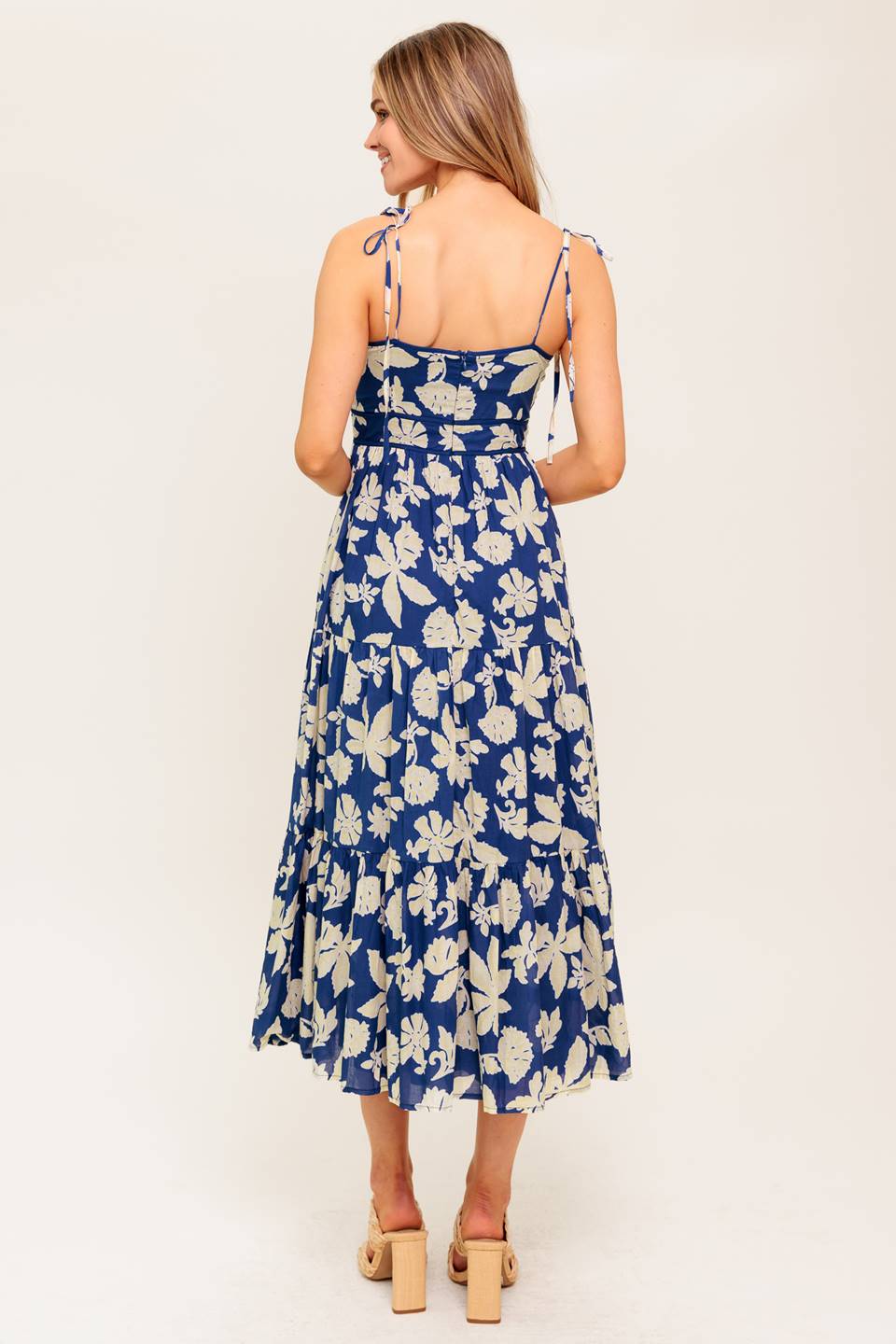 Blue floral midi dress with a sweetheart neckline, shoulder tie, waist yoke, tiered skirt, and back zipper closure.
