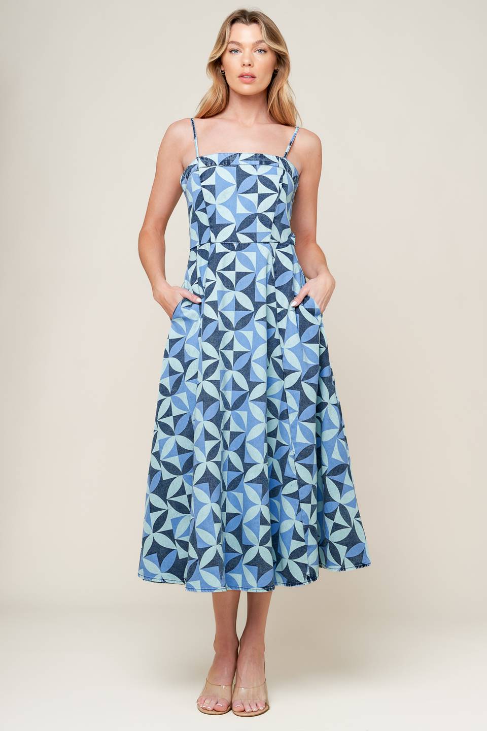 GWENNY - GEOMETRIC BLUE DENIM MIDI DRESS
