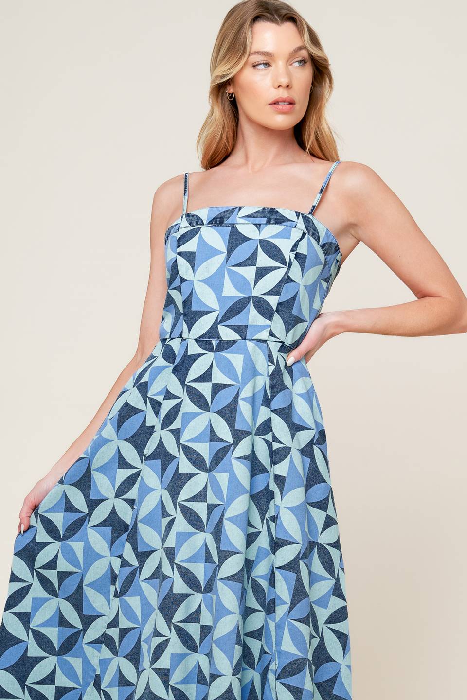 GWENNY - GEOMETRIC BLUE DENIM MIDI DRESS