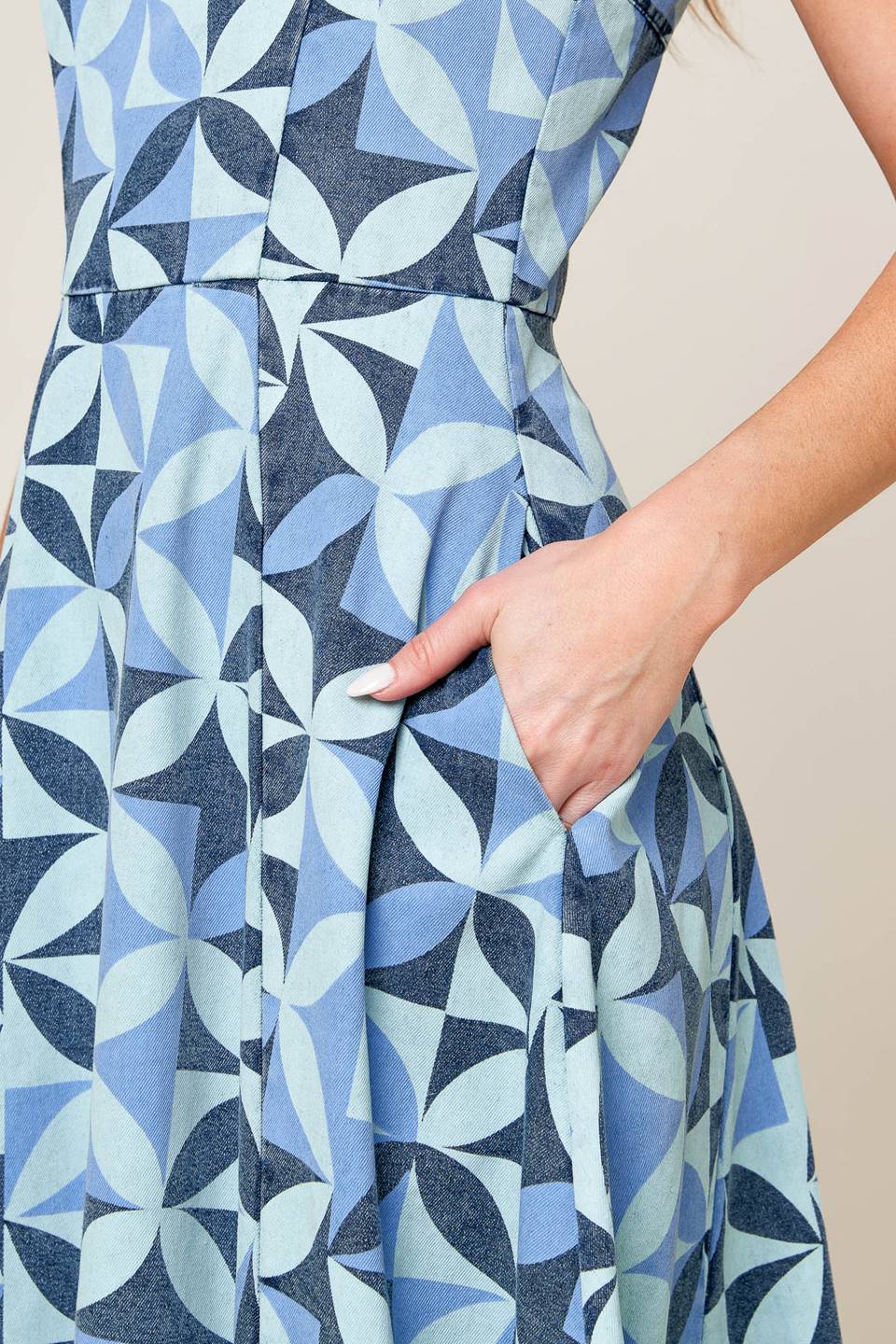 GWENNY - GEOMETRIC BLUE DENIM MIDI DRESS