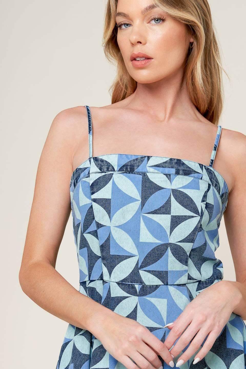 GWENNY - GEOMETRIC BLUE DENIM MIDI DRESS