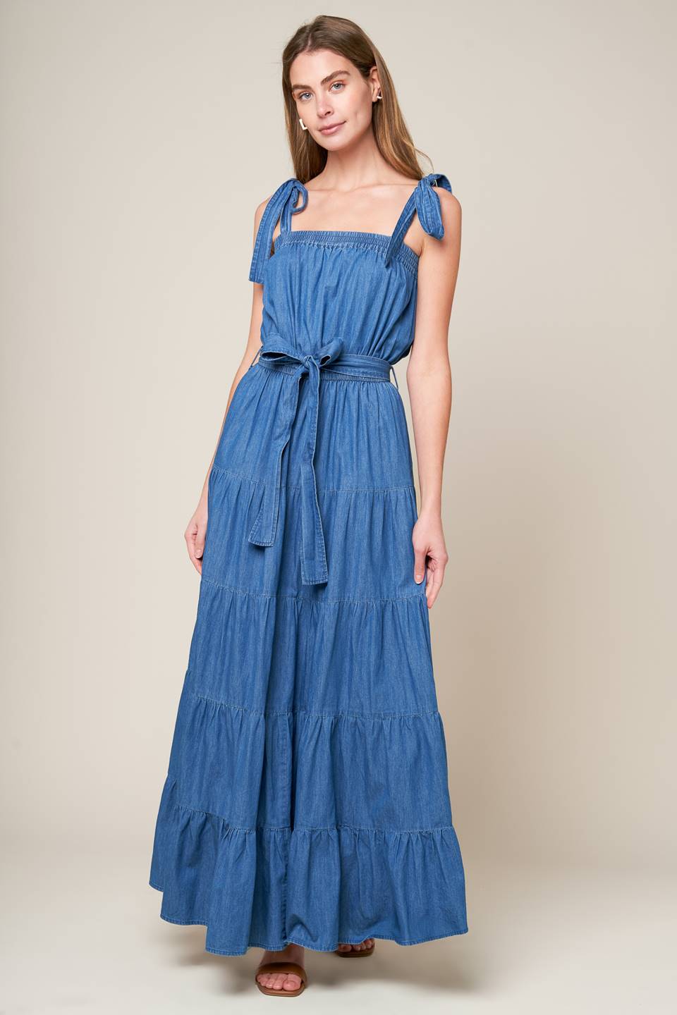 TRUDY TIERED MAXI DRESS - BLUE CHAMBRAY