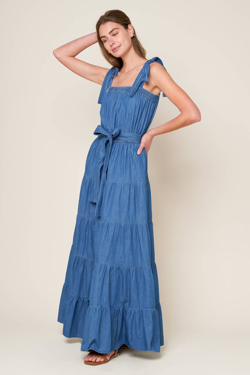 TRUDY TIERED MAXI DRESS - BLUE CHAMBRAY