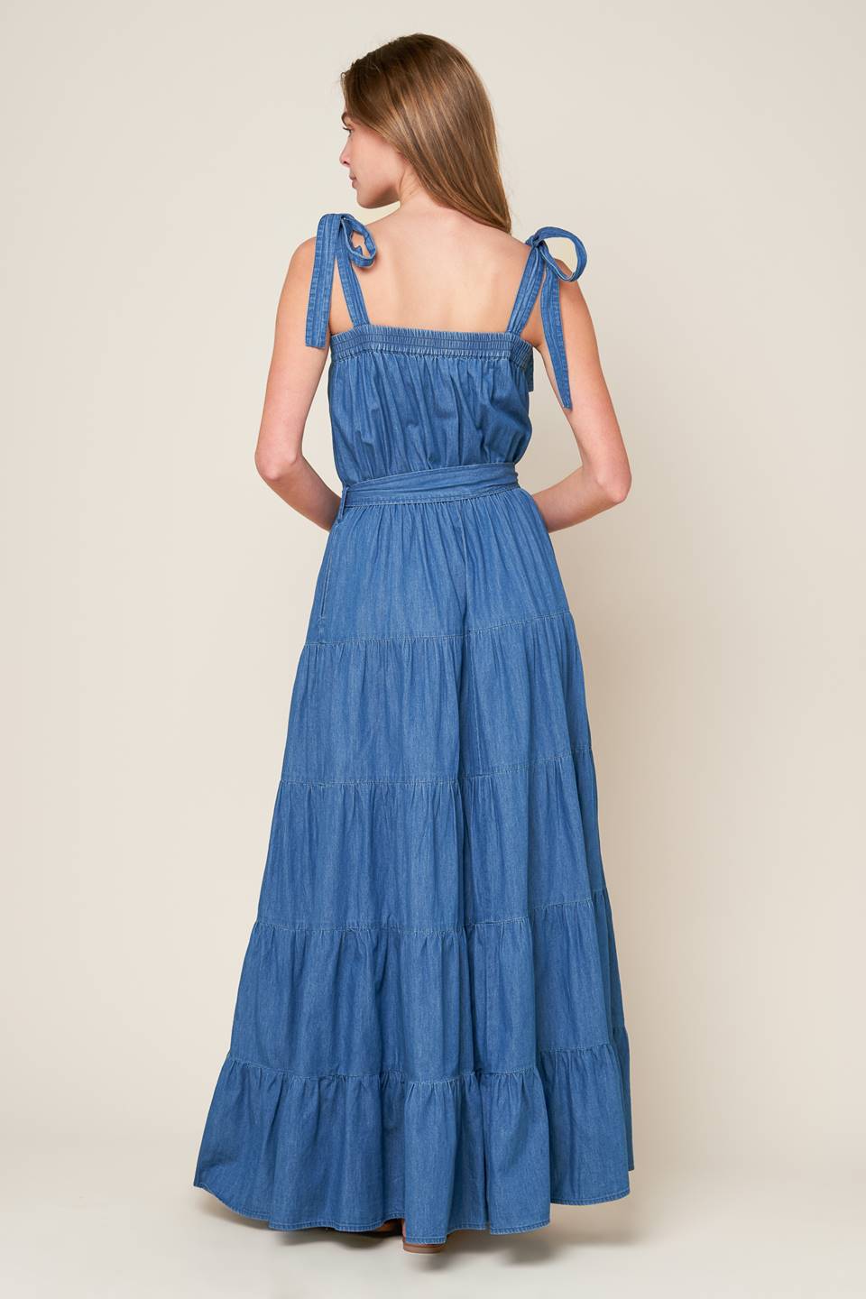 TRUDY TIERED MAXI DRESS - BLUE CHAMBRAY