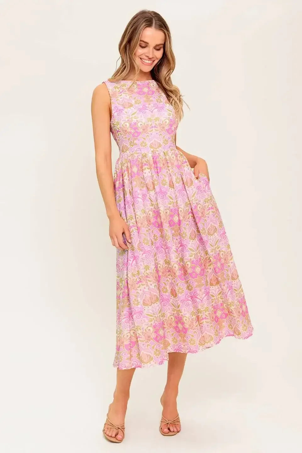 UNDER THE SUN - PINK MIDI DRESS WITH POCKETS