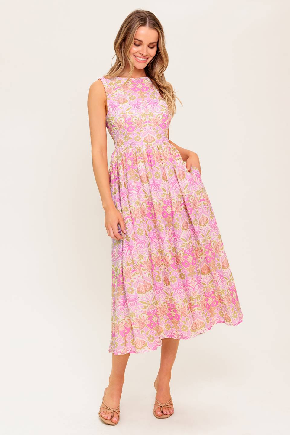 UNDER THE SUN - PINK MIDI DRESS WITH POCKETS