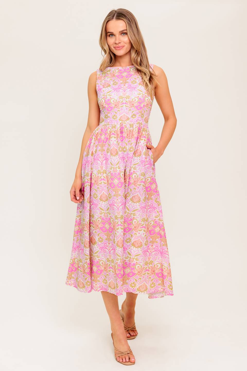 UNDER THE SUN - PINK MIDI DRESS WITH POCKETS