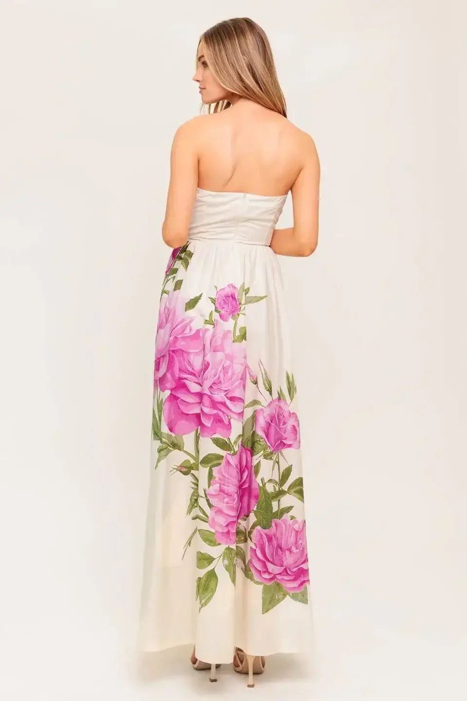 CAUGHT IN THE BREEZE STRAPLESS FLORAL MAXI DRESS
